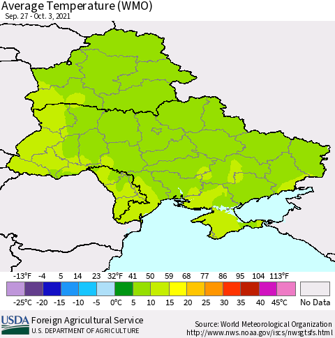 Ukraine, Moldova and Belarus Average Temperature (WMO) Thematic Map For 9/27/2021 - 10/3/2021