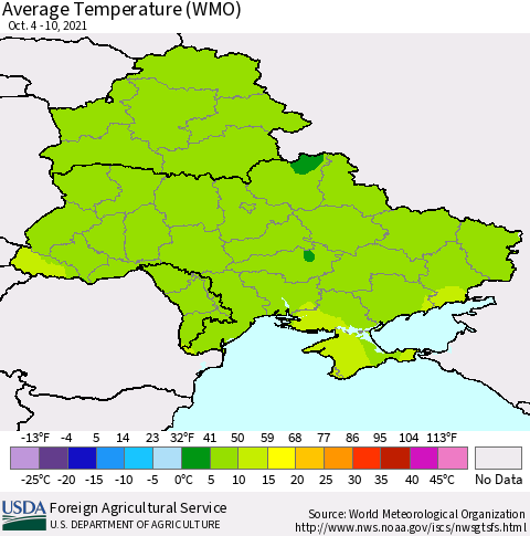 Ukraine, Moldova and Belarus Average Temperature (WMO) Thematic Map For 10/4/2021 - 10/10/2021
