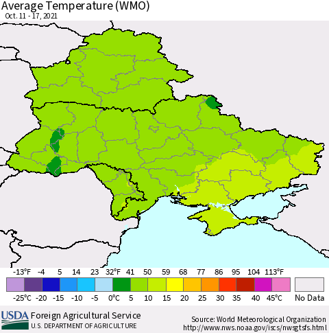 Ukraine, Moldova and Belarus Average Temperature (WMO) Thematic Map For 10/11/2021 - 10/17/2021