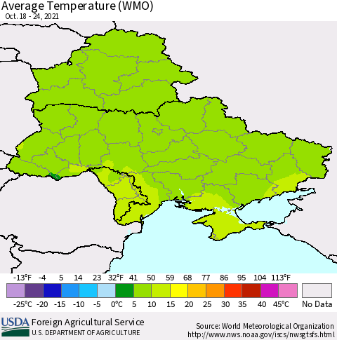 Ukraine, Moldova and Belarus Average Temperature (WMO) Thematic Map For 10/18/2021 - 10/24/2021