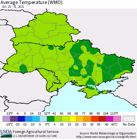 Ukraine, Moldova and Belarus Average Temperature (WMO) Thematic Map For 10/25/2021 - 10/31/2021