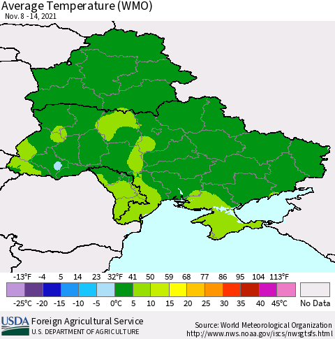 Ukraine, Moldova and Belarus Average Temperature (WMO) Thematic Map For 11/8/2021 - 11/14/2021