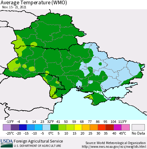 Ukraine, Moldova and Belarus Average Temperature (WMO) Thematic Map For 11/15/2021 - 11/21/2021