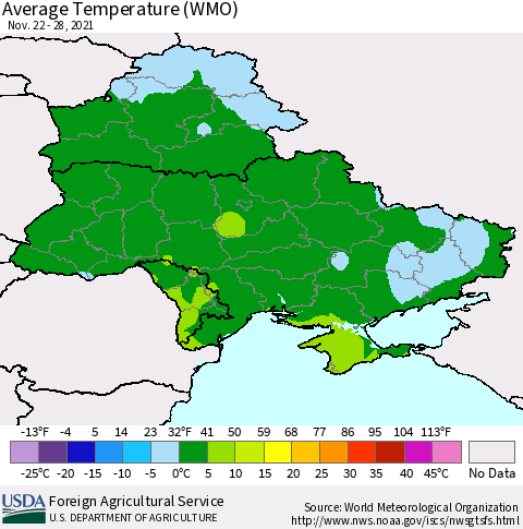 Ukraine, Moldova and Belarus Average Temperature (WMO) Thematic Map For 11/22/2021 - 11/28/2021