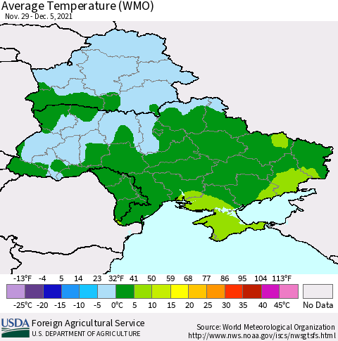 Ukraine, Moldova and Belarus Average Temperature (WMO) Thematic Map For 11/29/2021 - 12/5/2021