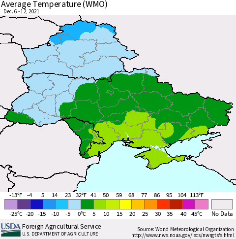 Ukraine, Moldova and Belarus Average Temperature (WMO) Thematic Map For 12/6/2021 - 12/12/2021