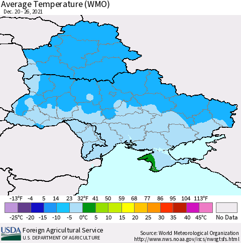 Ukraine, Moldova and Belarus Average Temperature (WMO) Thematic Map For 12/20/2021 - 12/26/2021