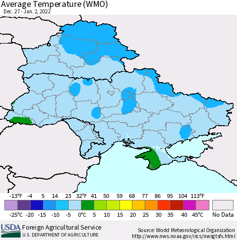 Ukraine, Moldova and Belarus Average Temperature (WMO) Thematic Map For 12/27/2021 - 1/2/2022