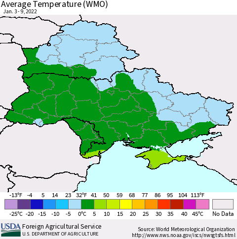 Ukraine, Moldova and Belarus Average Temperature (WMO) Thematic Map For 1/3/2022 - 1/9/2022