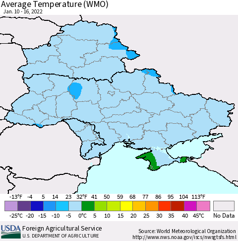 Ukraine, Moldova and Belarus Average Temperature (WMO) Thematic Map For 1/10/2022 - 1/16/2022