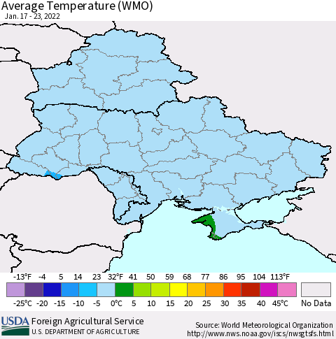 Ukraine, Moldova and Belarus Average Temperature (WMO) Thematic Map For 1/17/2022 - 1/23/2022