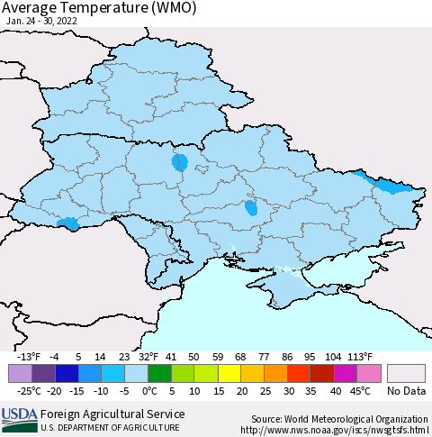 Ukraine, Moldova and Belarus Average Temperature (WMO) Thematic Map For 1/24/2022 - 1/30/2022