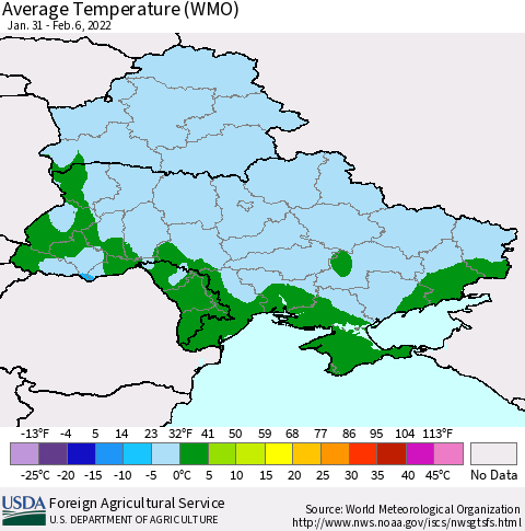 Ukraine, Moldova and Belarus Average Temperature (WMO) Thematic Map For 1/31/2022 - 2/6/2022