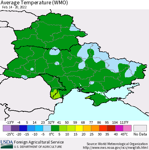 Ukraine, Moldova and Belarus Average Temperature (WMO) Thematic Map For 2/14/2022 - 2/20/2022