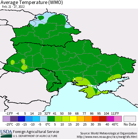 Ukraine, Moldova and Belarus Average Temperature (WMO) Thematic Map For 2/21/2022 - 2/27/2022
