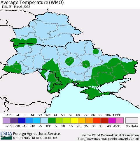 Ukraine, Moldova and Belarus Average Temperature (WMO) Thematic Map For 2/28/2022 - 3/6/2022