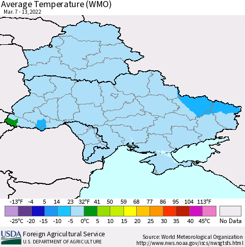 Ukraine, Moldova and Belarus Average Temperature (WMO) Thematic Map For 3/7/2022 - 3/13/2022