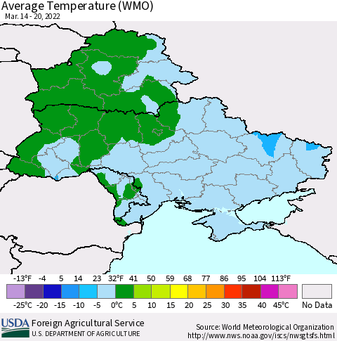 Ukraine, Moldova and Belarus Average Temperature (WMO) Thematic Map For 3/14/2022 - 3/20/2022