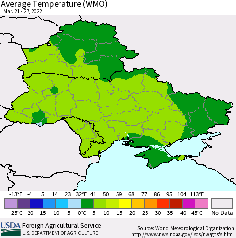 Ukraine, Moldova and Belarus Average Temperature (WMO) Thematic Map For 3/21/2022 - 3/27/2022
