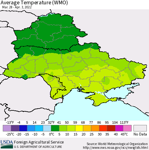 Ukraine, Moldova and Belarus Average Temperature (WMO) Thematic Map For 3/28/2022 - 4/3/2022