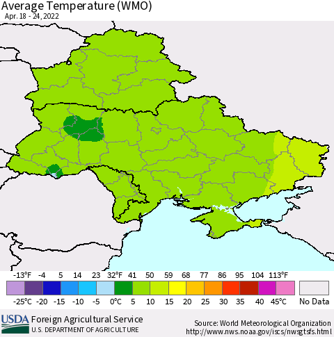 Ukraine, Moldova and Belarus Average Temperature (WMO) Thematic Map For 4/18/2022 - 4/24/2022