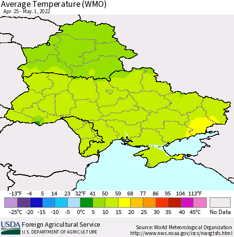 Ukraine, Moldova and Belarus Average Temperature (WMO) Thematic Map For 4/25/2022 - 5/1/2022