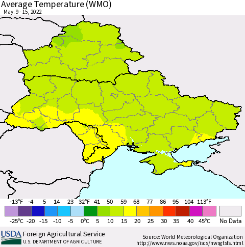 Ukraine, Moldova and Belarus Average Temperature (WMO) Thematic Map For 5/9/2022 - 5/15/2022