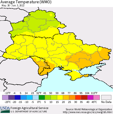 Ukraine, Moldova and Belarus Average Temperature (WMO) Thematic Map For 5/30/2022 - 6/5/2022