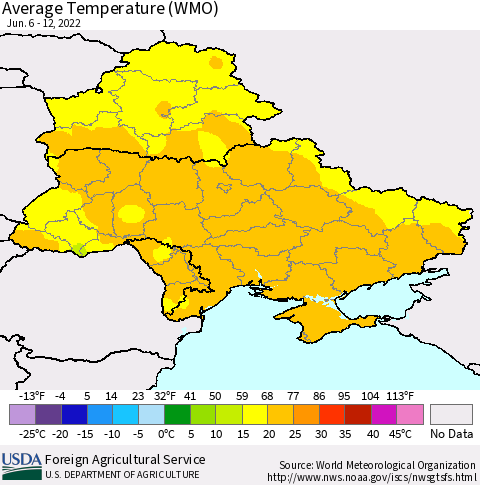 Ukraine, Moldova and Belarus Average Temperature (WMO) Thematic Map For 6/6/2022 - 6/12/2022