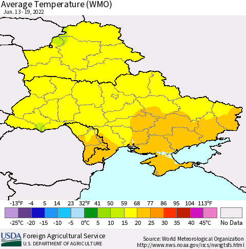 Ukraine, Moldova and Belarus Average Temperature (WMO) Thematic Map For 6/13/2022 - 6/19/2022