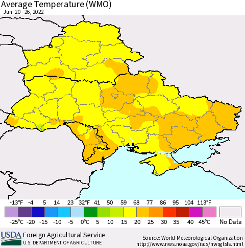 Ukraine, Moldova and Belarus Average Temperature (WMO) Thematic Map For 6/20/2022 - 6/26/2022