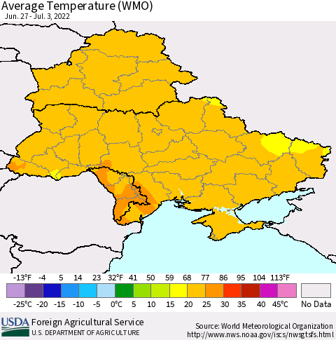 Ukraine, Moldova and Belarus Average Temperature (WMO) Thematic Map For 6/27/2022 - 7/3/2022