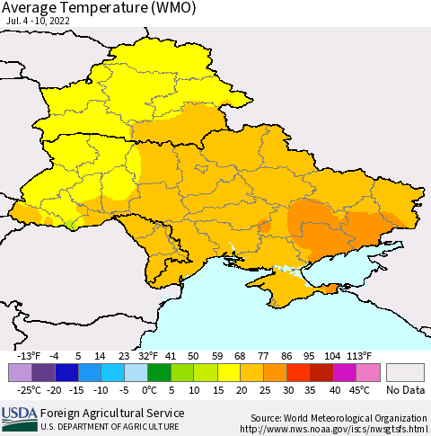 Ukraine, Moldova and Belarus Average Temperature (WMO) Thematic Map For 7/4/2022 - 7/10/2022