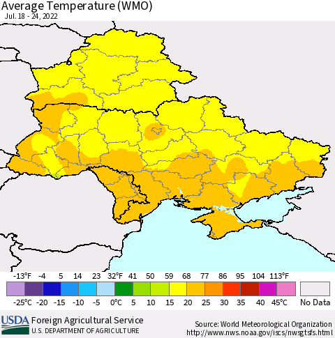 Ukraine, Moldova and Belarus Average Temperature (WMO) Thematic Map For 7/18/2022 - 7/24/2022