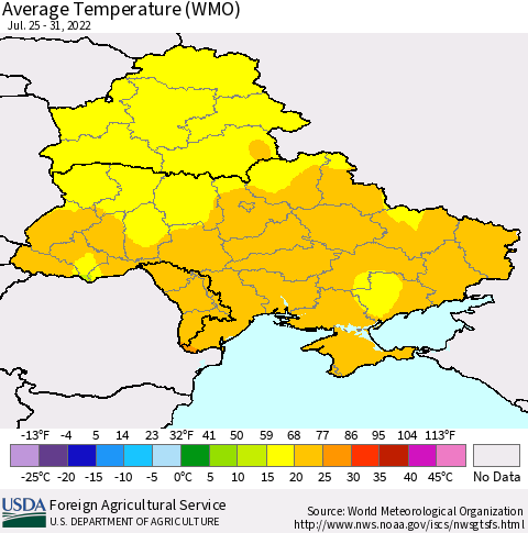 Ukraine, Moldova and Belarus Average Temperature (WMO) Thematic Map For 7/25/2022 - 7/31/2022