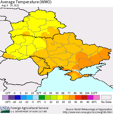 Ukraine, Moldova and Belarus Average Temperature (WMO) Thematic Map For 8/8/2022 - 8/14/2022