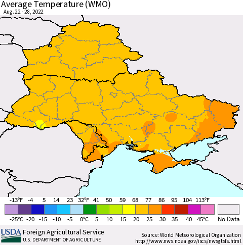 Ukraine, Moldova and Belarus Average Temperature (WMO) Thematic Map For 8/22/2022 - 8/28/2022
