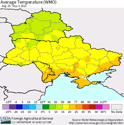 Ukraine, Moldova and Belarus Average Temperature (WMO) Thematic Map For 8/29/2022 - 9/4/2022