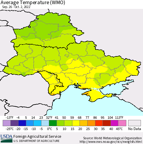 Ukraine, Moldova and Belarus Average Temperature (WMO) Thematic Map For 9/26/2022 - 10/2/2022