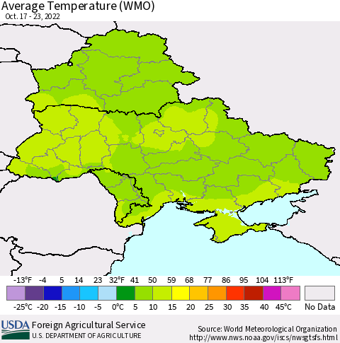 Ukraine, Moldova and Belarus Average Temperature (WMO) Thematic Map For 10/17/2022 - 10/23/2022