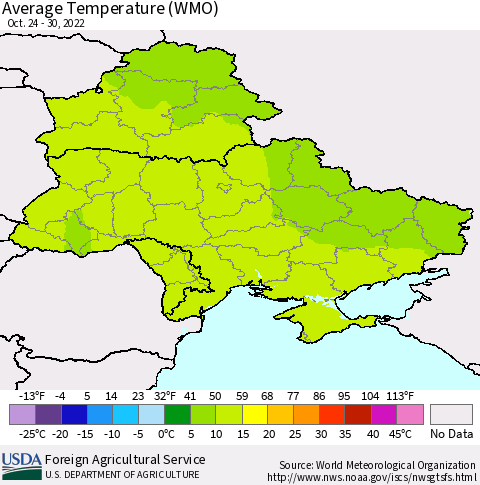 Ukraine, Moldova and Belarus Average Temperature (WMO) Thematic Map For 10/24/2022 - 10/30/2022