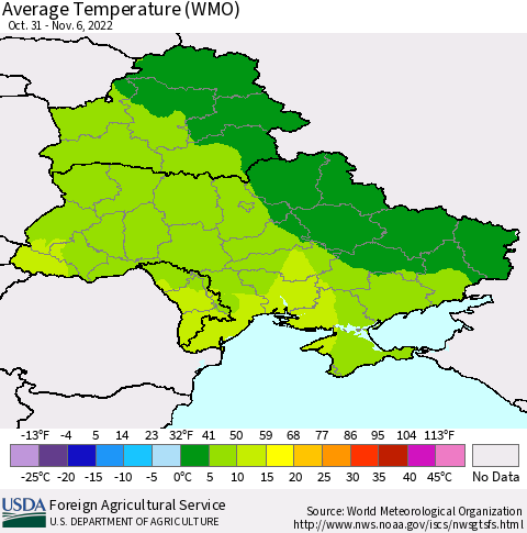 Ukraine, Moldova and Belarus Average Temperature (WMO) Thematic Map For 10/31/2022 - 11/6/2022