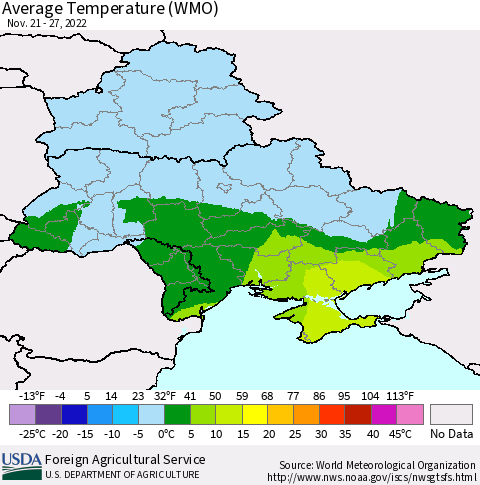 Ukraine, Moldova and Belarus Average Temperature (WMO) Thematic Map For 11/21/2022 - 11/27/2022