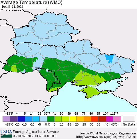 Ukraine, Moldova and Belarus Average Temperature (WMO) Thematic Map For 12/5/2022 - 12/11/2022