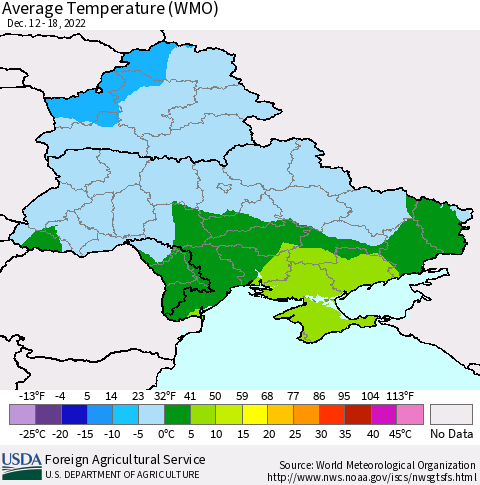 Ukraine, Moldova and Belarus Average Temperature (WMO) Thematic Map For 12/12/2022 - 12/18/2022