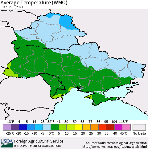 Ukraine, Moldova and Belarus Average Temperature (WMO) Thematic Map For 1/2/2023 - 1/8/2023