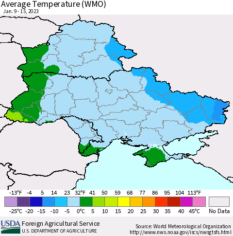 Ukraine, Moldova and Belarus Average Temperature (WMO) Thematic Map For 1/9/2023 - 1/15/2023
