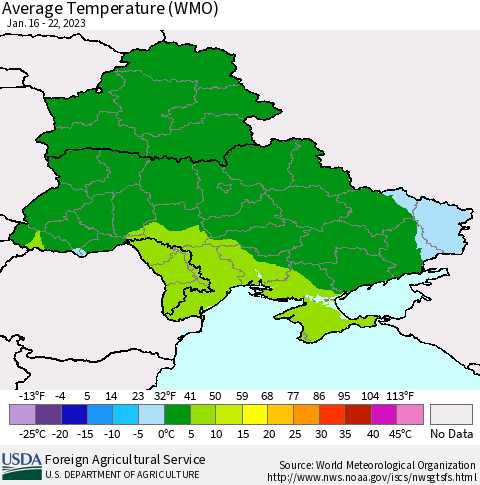Ukraine, Moldova and Belarus Average Temperature (WMO) Thematic Map For 1/16/2023 - 1/22/2023