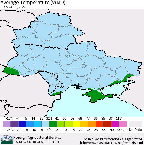 Ukraine, Moldova and Belarus Average Temperature (WMO) Thematic Map For 1/23/2023 - 1/29/2023