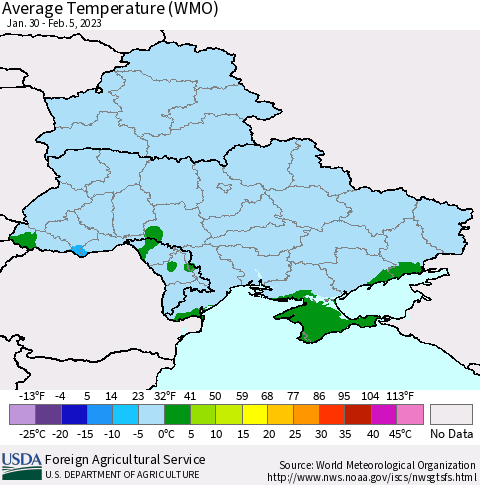Ukraine, Moldova and Belarus Average Temperature (WMO) Thematic Map For 1/30/2023 - 2/5/2023